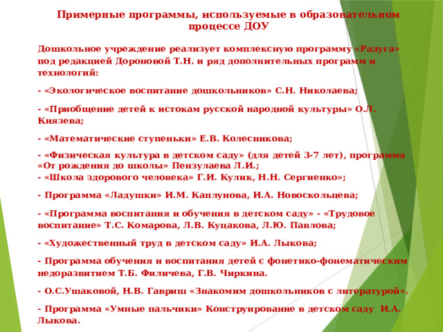 Примерные программы, используемые в образовательном процессе ДОУ   Дошкольное учреждение реализует комплексную программу «Радуга» под редакцией Дороновой Т.Н. и ряд дополнительных программ и технологий: - «Экологическое воспитание дошкольников» С.Н. Николаева; - «Приобщение детей к истокам русской народной культуры» О.Л. Князева; - «Математические ступеньки» Е.В. Колесникова; - «Физическая культура в детском саду» (для детей 3-7 лет), программа «От рождения до школы» Пензулаева Л.И.; - «Школа здорового человека» Г.И. Кулик, Н.Н. Сергиенко»; - Программа «Ладушки» И.М. Каплунова, И.А. Новоскольцева; - «Программа воспитания и обучения в детском саду» - «Трудовое воспитание» Т.С. Комарова, Л.В. Куцакова, Л.Ю. Павлова; - «Художественный труд в детском саду» И.А. Лыкова; - Программа обучения и воспитания детей с фонетико-фонематическим недоразвитием Т.Б. Филичева, Г.В. Чиркина. - О.С.Ушаковой, Н.В. Гавриш «Знакомим дошкольников с литературой». - Программа «Умные пальчики» Конструирование в детском саду И.А. Лыкова. - Программа «Мир Без Опасности» И.А. Лыкова.       