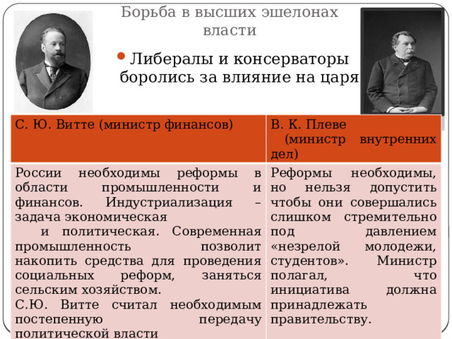 Борьба в высших эшелонах власти Либералы и консерваторы боролись за влияние на царя С. Ю. Витте (министр финансов) В. К. Плеве России необходимы реформы в области промышленности и финансов. Индустриализация – задача экономическая и политическая. Современная промышленность позволит накопить средства для проведения социальных реформ, заняться сельским хозяйством.  (министр внутренних дел) С.Ю. Витте считал необходимым постепенную передачу политической власти от дворянства буржуазии. Реформы необходимы, но нельзя допустить чтобы они совершались слишком стремительно под давлением «незрелой молодежи, студентов». Министр полагал, что инициатива должна принадлежать правительству. 
