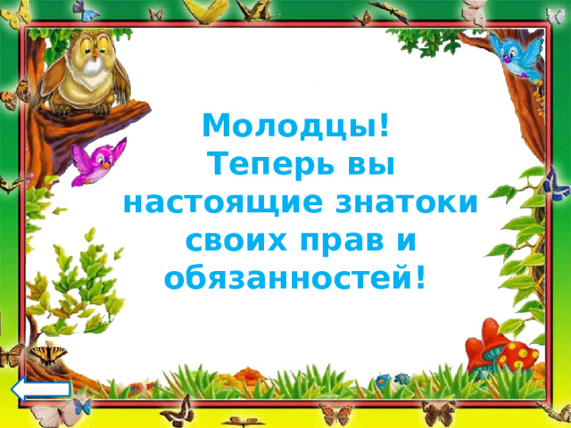Молодцы! Теперь вы настоящие знатоки своих прав и обязанностей! 