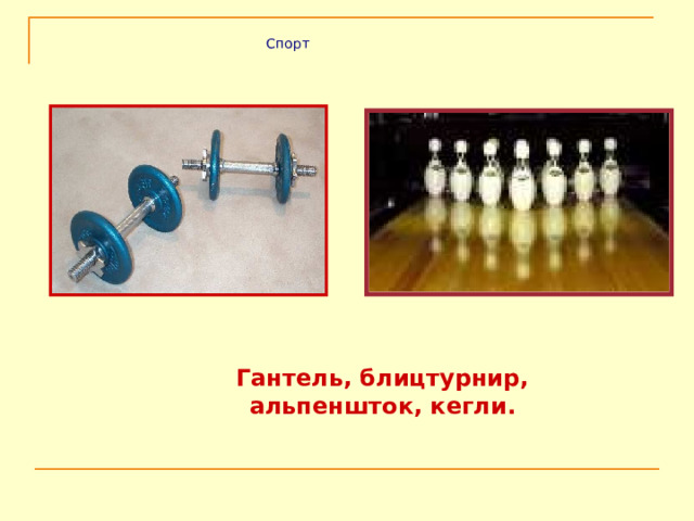 Спорт Гантель, блицтурнир, альпеншток, кегли. 