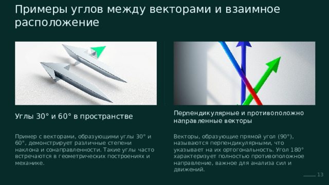  Примеры углов между векторами и взаимное расположение Углы 30° и 60° в пространстве Перпендикулярные и противоположно направленные векторы Пример с векторами, образующими углы 30° и 60°, демонстрирует различные степени наклона и сонаправленности. Такие углы часто встречаются в геометрических построениях и механике. Векторы, образующие прямой угол (90°), называются перпендикулярными, что указывает на их ортогональность. Угол 180° характеризует полностью противоположное направление, важное для анализа сил и движений. 13 