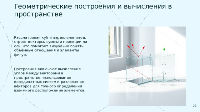  Геометрические построения и вычисления в пространстве Рассматривая куб и параллелепипед, строят векторы, суммы и проекции на оси, что помогает визуально понять объёмные отношения и элементы фигур. Построения включают вычисление углов между векторами в пространстве, использование координатных систем и разложение векторов для точного определения взаимного расположения элементов. 25 