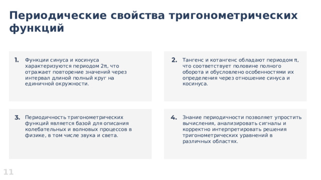 Периодические свойства тригонометрических функций  Функции синуса и косинуса характеризуются периодом 2π, что отражает повторение значений через интервал длиной полный круг на единичной окружности. Тангенс и котангенс обладают периодом π, что соответствует половине полного оборота и обусловлено особенностями их определения через отношение синуса и косинуса. Периодичность тригонометрических функций является базой для описания колебательных и волновых процессов в физике, в том числе звука и света. Знание периодичности позволяет упростить вычисления, анализировать сигналы и корректно интерпретировать решения тригонометрических уравнений в различных областях. 11  