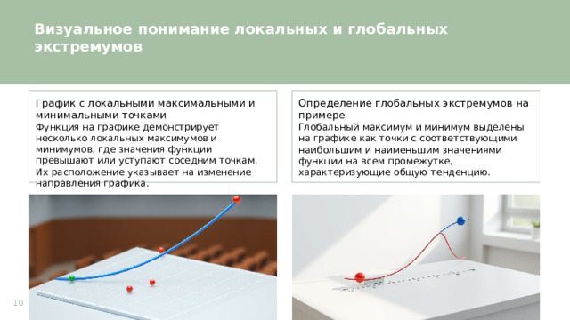 Визуальное понимание локальных и глобальных экстремумов  График с локальными максимальными и минимальными точками Определение глобальных экстремумов на примере Функция на графике демонстрирует несколько локальных максимумов и минимумов, где значения функции превышают или уступают соседним точкам. Их расположение указывает на изменение направления графика. Глобальный максимум и минимум выделены на графике как точки с соответствующими наибольшим и наименьшим значениями функции на всем промежутке, характеризующие общую тенденцию. 10  
