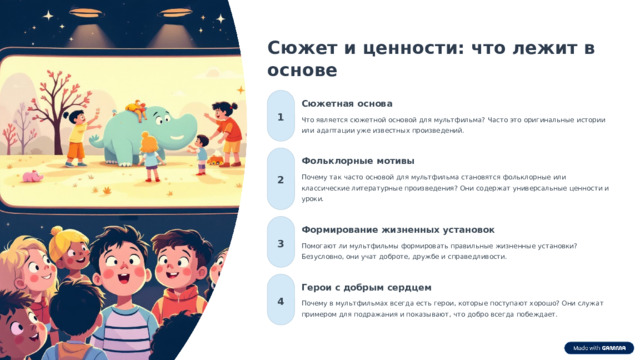 11 Сюжет и ценности: что лежит в основе Сюжетная основа 1 Что является сюжетной основой для мультфильма? Часто это оригинальные истории или адаптации уже известных произведений. Фольклорные мотивы Почему так часто основой для мультфильма становятся фольклорные или классические литературные произведения? Они содержат универсальные ценности и уроки. 2 Формирование жизненных установок Помогают ли мультфильмы формировать правильные жизненные установки? Безусловно, они учат доброте, дружбе и справедливости. 3 Герои с добрым сердцем Почему в мультфильмах всегда есть герои, которые поступают хорошо? Они служат примером для подражания и показывают, что добро всегда побеждает. 4 