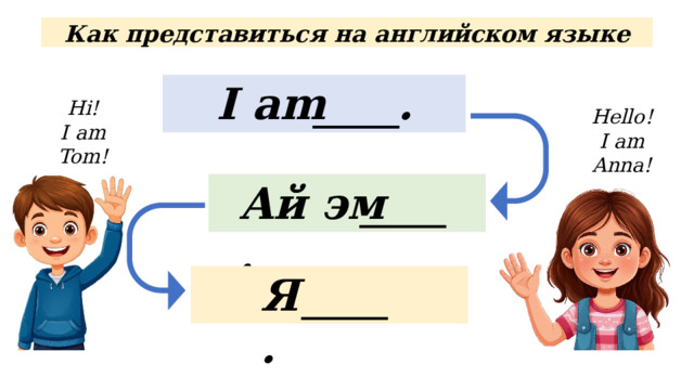 Как  представиться  на  английском  языке I am  . Hi! I  am  Tom! Hello! I  am  Anna! Ай эм  . Я  . 