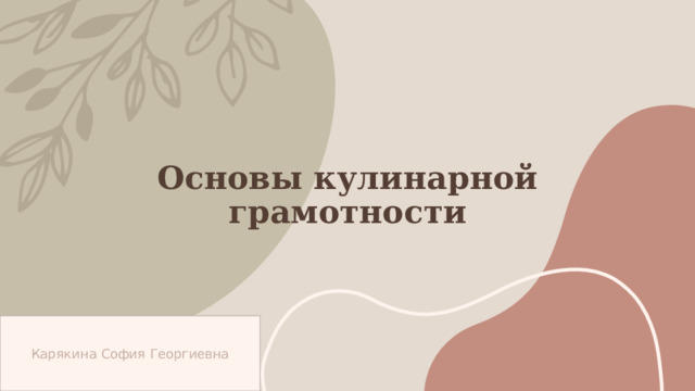 Основы кулинарной грамотности Карякина София Георгиевна 