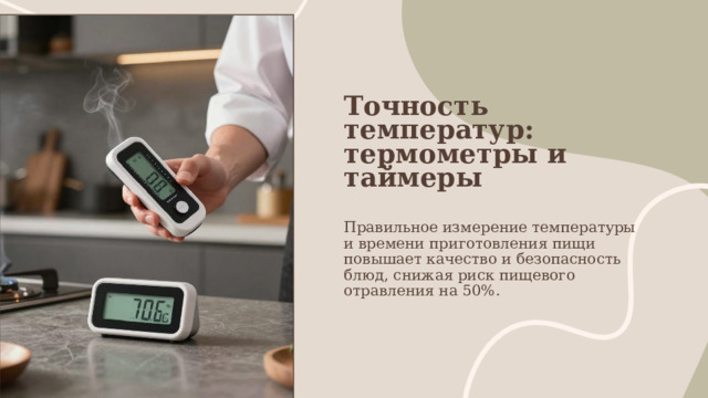 Точность температур: термометры и таймеры Правильное измерение температуры и времени приготовления пищи повышает качество и безопасность блюд, снижая риск пищевого отравления на 50%. 