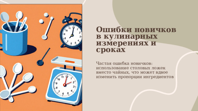 Ошибки новичков в кулинарных измерениях и сроках Частая ошибка новичков: использование столовых ложек вместо чайных, что может вдвое изменить пропорции ингредиентов 