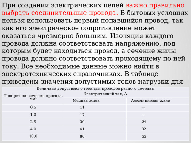 При создании электрических цепей важно правильно выбрать соединительные провода. В бытовых условиях нельзя использовать первый попавшийся провод, так как его электрическое сопротивление может оказаться чрезмерно большим. Изоляция каждого провода должна соответствовать напряжению, под которым будет находиться провод, а сечение жилы провода должно соответствовать проходящему по ней току. Все необходимые данные можно найти в электротехнических справочниках. В таблице приведены значения допустимых токов нагрузки для нескольких широко применяемых марок установочных изолированных проводов. Величина допустимого тока для проводов разного сечения Поперечное сечение провода, мм 2 Электрический ток, А 0,5 Медная жила 1,0 Алюминиевая жила 11 2,5 17 — — 30 4,0 24 10,0 41 32 80 55 