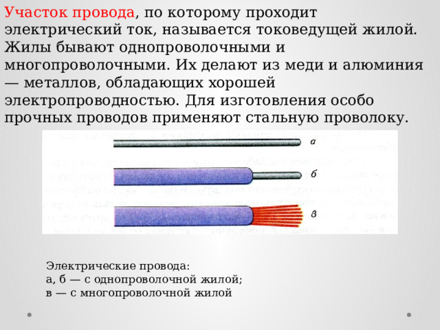 Участок провода , по которому проходит электрический ток, называется токоведущей жилой. Жилы бывают однопроволочными и многопроволочными. Их делают из меди и алюминия — металлов, обладающих хорошей электропроводностью. Для изготовления особо прочных проводов применяют стальную проволоку. Электрические провода: а, б — с однопроволочной жилой; в — с многопроволочной жилой 