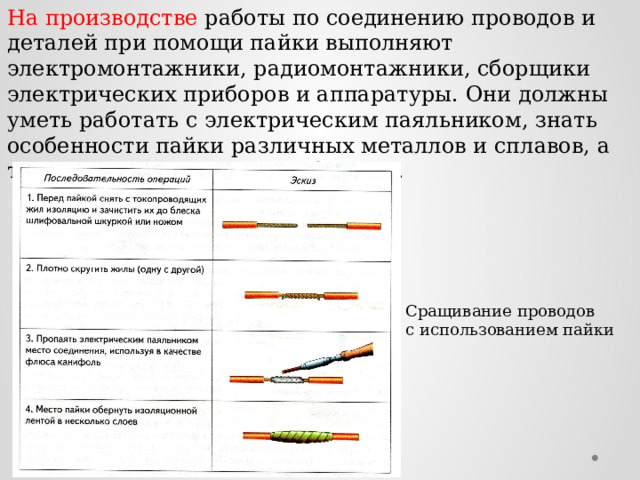 На производстве работы по соединению проводов и деталей при помощи пайки выполняют электромонтажники, радиомонтажники, сборщики электрических приборов и аппаратуры. Они должны уметь работать с электрическим паяльником, знать особенности пайки различных металлов и сплавов, а также свойства припоев и флюсов. Сращивание проводов с использованием пайки 