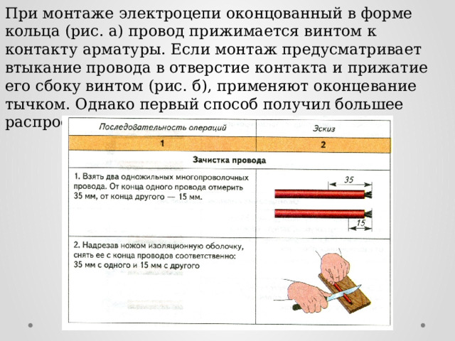 При монтаже электроцепи оконцованный в форме кольца (рис. а) провод прижимается винтом к контакту арматуры. Если монтаж предусматривает втыкание провода в отверстие контакта и прижатие его сбоку винтом (рис. б), применяют оконцевание тычком. Однако первый способ получил большее распространение. 