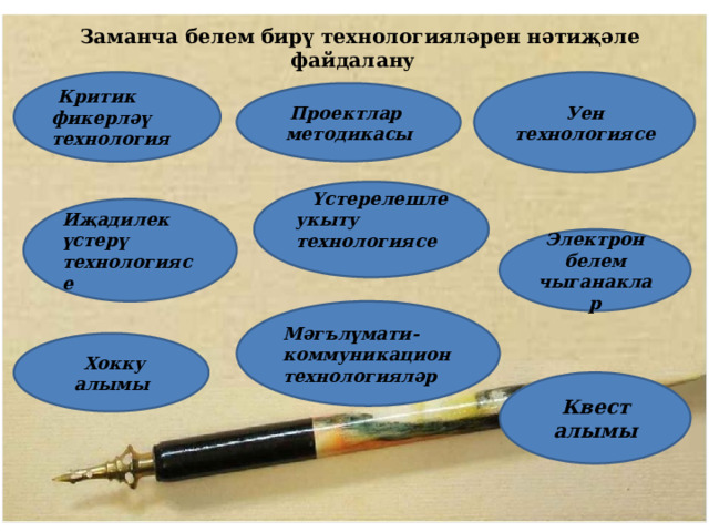 Заманча белем бирү технологияләрен нәтиҗәле файдалану    Уен технологиясе  Критик фикерләү технология Проектлар методикасы  Үстерелешле укыту технологиясе  Иҗадилек үстерү технологиясе Электрон белем чыганаклар Мәгълүмати-коммуникацион технологияләр  Хокку алымы Квест алымы                   