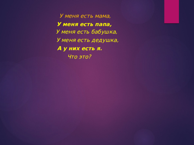 У меня есть мама, У меня есть папа,  У меня есть бабушка,  У меня есть дедушка, А у них есть я.  Что это? 