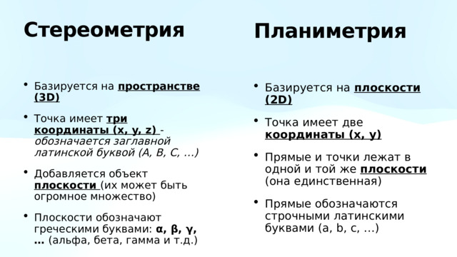 Стереометрия Планиметрия Базируется на пространстве (3D) Точка имеет три координаты (x, y, z) - обозначается заглавной латинской буквой (A, B, C, …) Добавляется объект плоскости (их может быть огромное множество) Плоскости обозначают греческими буквами: α, β, γ, … (альфа, бета, гамма и т.д.) Базируется на плоскости (2D) Точка имеет две координаты (x, y) Прямые и точки лежат в одной и той же плоскости (она единственная) Прямые обозначаются строчными латинскими буквами (a, b, c, …) 