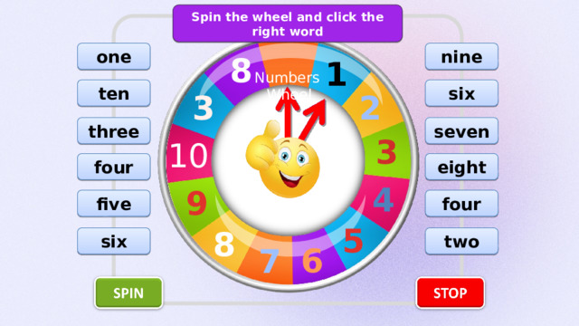 Spin the wheel and click the right word one nine 8 1 Numbers Wheel ten six 3 2 seven three 3 10 four eight 4 9 five four 5 8 two six 6 7 