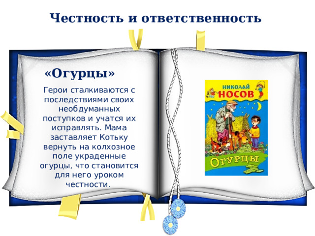Честность и ответственность «Огурцы» Герои сталкиваются с последствиями своих необдуманных поступков и учатся их исправлять. Мама заставляет Котьку вернуть на колхозное поле украденные огурцы, что становится для него уроком честности. 