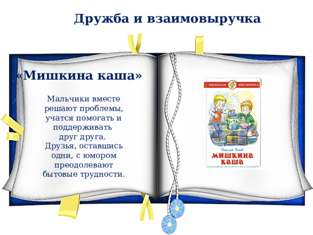 Дружба и взаимовыручка «Мишкина каша» Мальчики вместе решают проблемы, учатся помогать и поддерживать друг друга. Друзья, оставшись одни, с юмором преодолевают бытовые трудности. 