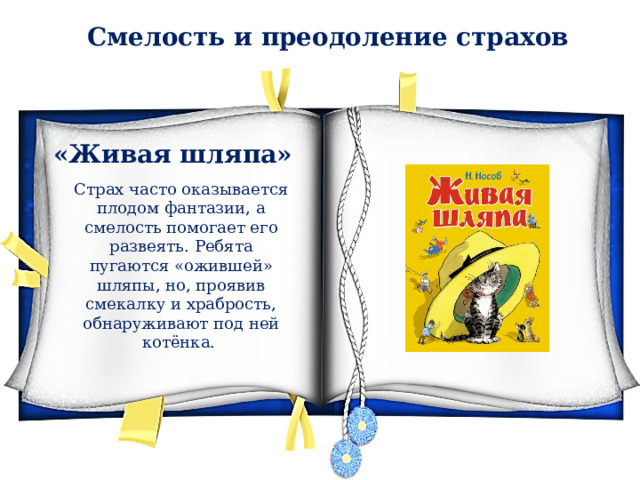 Смелость и преодоление страхов «Живая шляпа» Страх часто оказывается плодом фантазии, а смелость помогает его развеять. Ребята пугаются «ожившей» шляпы, но, проявив смекалку и храбрость, обнаруживают под ней котёнка. 