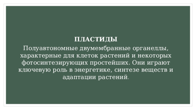 ПЛАСТИДЫ Полуавтономные двумембранные органеллы, характерные для клеток растений и некоторых фотосинтезирующих простейших. Они играют ключевую роль в энергетике, синтезе веществ и адаптации растений . 