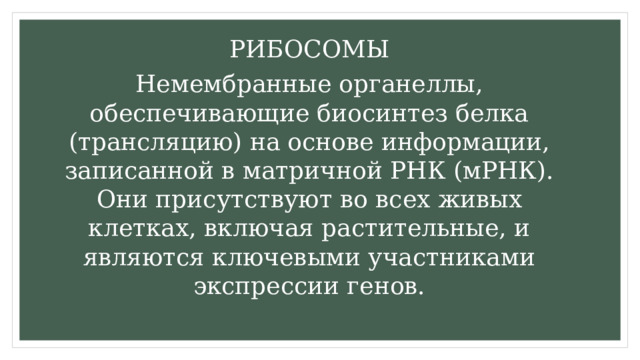 РИБОСОМЫ Немембранные органеллы, обеспечивающие биосинтез белка (трансляцию) на основе информации, записанной в матричной РНК (мРНК). Они присутствуют во всех живых клетках, включая растительные, и являются ключевыми участниками экспрессии генов. 