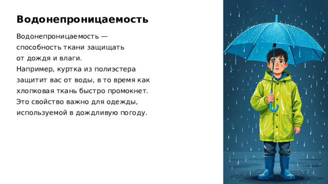 Водонепроницаемость Водонепроницаемость — способность ткани защищать от дождя и влаги. Например, куртка из полиэстера защитит вас от воды, в то время как хлопковая ткань быстро промокнет. Это свойство важно для одежды, используемой в дождливую погоду.  