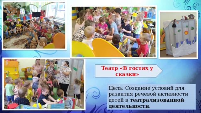 Театр «В гостях у сказки» Цель: Создание условий для развития речевой активности детей в  театрализованной деятельности . 