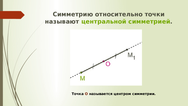 Симметрию относительно точки называют  центральной симметрией . Точка O называется центром симметрии. 