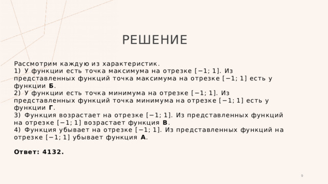 РЕШЕНИЕ  Рассмотрим каждую из характеристик. 1)  У функции есть точка максимума на отрезке [−1; 1]. Из представленных функций точка максимума на отрезке [−1; 1] есть у функции Б . 2)  У функции есть точка минимума на отрезке [−1; 1]. Из представленных функций точка минимума на отрезке [−1; 1] есть у функции Г . 3)  Функция возрастает на отрезке [−1; 1]. Из представленных функций на отрезке [−1; 1] возрастает функция В . 4)  Функция убывает на отрезке [−1; 1]. Из представленных функций на отрезке [−1; 1] убывает функция А .   Ответ: 4132. 1 1 