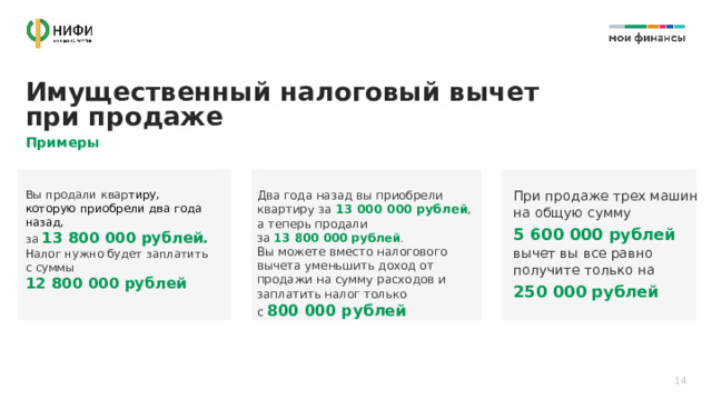 Имущественный налоговый вычет при продаже Примеры При продаже трех машин  на общую сумму  5 600 000 рублей   вычет вы все равно получите только на Два года назад вы приобрели квартиру за 13 000 000 рублей , а теперь продали  за 13 800 000 рублей .  Вы можете вместо налогового вычета уменьшить доход от продажи на сумму расходов и заплатить налог только  с 800 000 рублей 250 000 рублей  Вы продали квар тиру,  которую приобрели два года назад,  за 13 800 000 рублей.   Налог нужно будет заплатить  с суммы  12 800 000 рублей  14 