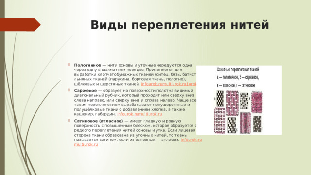 Виды переплетения нитей Полотняное  — нити основы и уточные чередуются одна через одну в шахматном порядке. Применяется для выработки хлопчатобумажных тканей (ситец, бязь, батист), льняных тканей (парусина, бортовая ткань, полотно), шёлковых и шерстяных тканей.  infourok.ru multiurok.ru 1urok.ru Саржевое  — образует на поверхности полотна видимый диагональный рубчик, который проходит или сверху вниз и слева направо, или сверху вниз и справа налево. Чаще всего таким переплетением вырабатывают полушерстяные и полушёлковые ткани с добавлением хлопка, а также кашемир, габардин.  infourok.ru multiurok.ru Сатиновое (атласное)  — имеет гладкую и ровную поверхность с повышенным блеском, которая образуется от редкого переплетения нитей основы и утка. Если лицевая сторона ткани образована из уточных нитей, то ткань называется сатином, если из основных — атласом.  infourok.ru multiurok.ru 