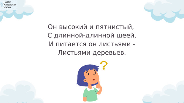 Он высокий и пятнистый,  С длинной-длинной шеей,  И питается он листьями -  Листьями деревьев. 