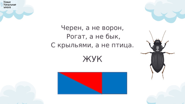 Черен, а не ворон,  Рогат, а не бык,  С крыльями, а не птица. ЖУК 