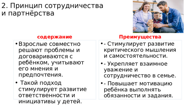 2. Принцип сотрудничества и партнёрства   содержание Преимущества Взрослые совместно решают проблемы и договариваются с ребёнком, учитывают его мнения и предпочтения.  Такой подход стимулирует развитие ответственности и инициативы у детей. - Стимулирует развитие критического мышления и самостоятельности. - Укрепляет взаимное уважение и сотрудничество в семье. - Повышает мотивацию ребёнка выполнять обязанности и задания. 