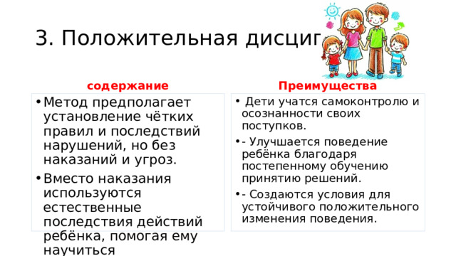 3. Положительная дисциплина содержание Преимущества Метод предполагает установление чётких правил и последствий нарушений, но без наказаний и угроз. Вместо наказания используются естественные последствия действий ребёнка, помогая ему научиться ответственности.  Дети учатся самоконтролю и осознанности своих поступков. - Улучшается поведение ребёнка благодаря постепенному обучению принятию решений. - Создаются условия для устойчивого положительного изменения поведения. 