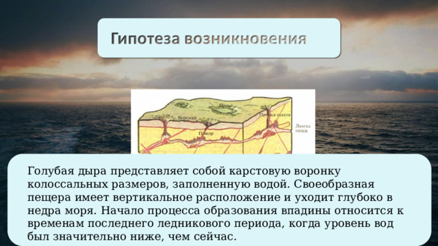 Голубая дыра представляет собой карстовую воронку колоссальных размеров, заполненную водой. Своеобразная пещера имеет вертикальное расположение и уходит глубоко в недра моря. Начало процесса образования впадины относится к временам последнего ледникового периода, когда уровень вод был значительно ниже, чем сейчас. 