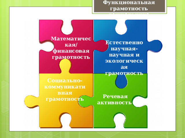 Функциональная грамотность дошкольника Математическая/финансовая грамотность Естественно научная-научная и экологическая грамотность   Социально-коммуникативная грамотность Речевая активность 