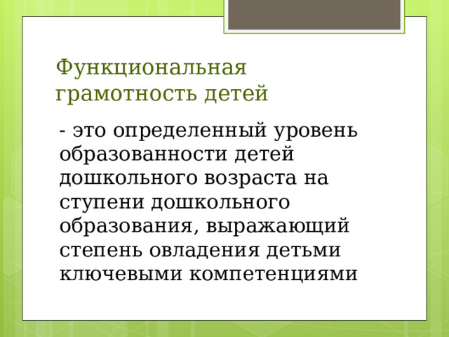Функциональная грамотность детей - это определенный уровень образованности детей дошкольного возраста на ступени дошкольного образования, выражающий степень овладения детьми ключевыми компетенциями 