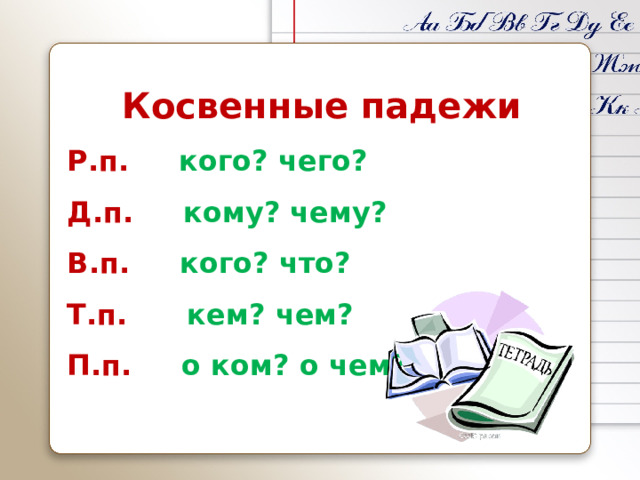 Косвенные падежи Р.п. кого? чего? Д.п. кому? чему? В.п. кого? что? Т.п. кем? чем? П.п. о ком? о чем? 