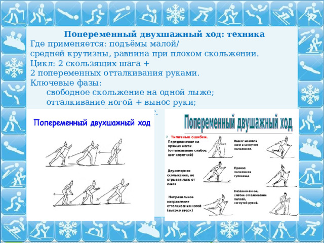 Попеременный двухшажный ход: техника Где применяется: подъёмы малой/средней крутизны, равнина при плохом скольжении. Цикл: 2 скользящих шага + 2 попеременных отталкивания руками. Ключевые фазы: свободное скольжение на одной лыже; отталкивание ногой + вынос руки; толчок палкой + перекат. 