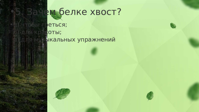 5. Зачем белке хвост? а) чтобы греться;  б) для красоты;  в) для музыкальных упражнений  