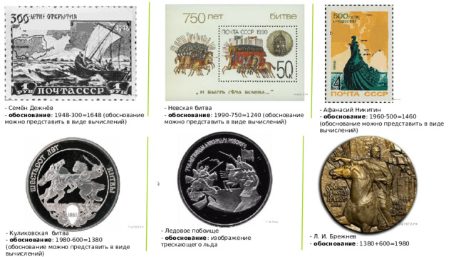 - Семён Дежнёв - Невская битва - обоснование : 1948-300=1648 (обоснование можно представить в виде вычислений) - обоснование : 1990-750=1240 (обоснование можно представить в виде вычислений) - Афанасий Никитин - обоснование : 1960-500=1460 (обоснование можно представить в виде вычислений) - Ледовое побоище - обоснование : изображение трескающего льда - Куликовская битва - обоснование : 1980-600=1380 (обоснование можно представить в виде вычислений) - Л. И. Брежнев - обоснование : 1380+600=1980 