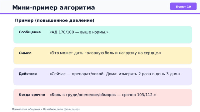  Мини‑пример алгоритма Пункт 10 Пример (повышенное давление) Сообщение «АД 170/100 — выше нормы.» «Это может дать головную боль и нагрузку на сердце.» Смысл Действие «Сейчас — препарат/покой. Дома: измерять 2 раза в день 3 дня.» Когда срочно «Боль в груди/онемение/обморок — срочно 103/112.» Психология общения • Лечебное дело (фельдшер) 