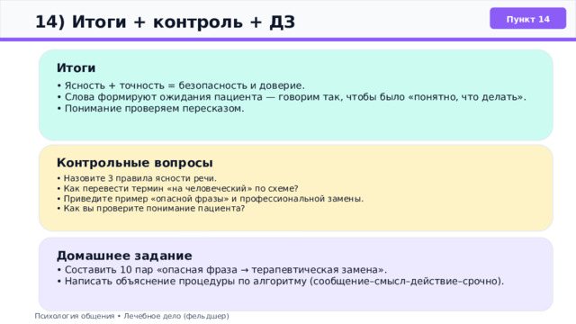  14) Итоги + контроль + ДЗ Пункт 14 Итоги • Ясность + точность = безопасность и доверие. • Слова формируют ожидания пациента — говорим так, чтобы было «понятно, что делать». • Понимание проверяем пересказом. Контрольные вопросы • Назовите 3 правила ясности речи. • Как перевести термин «на человеческий» по схеме? • Приведите пример «опасной фразы» и профессиональной замены. • Как вы проверите понимание пациента? Домашнее задание • Составить 10 пар «опасная фраза → терапевтическая замена». • Написать объяснение процедуры по алгоритму (сообщение–смысл–действие–срочно). Психология общения • Лечебное дело (фельдшер) 