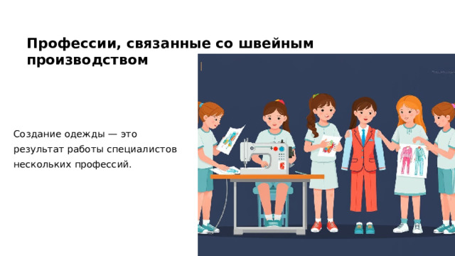 Профессии, связанные со швейным производством Создание одежды — это результат работы специалистов нескольких профессий.  