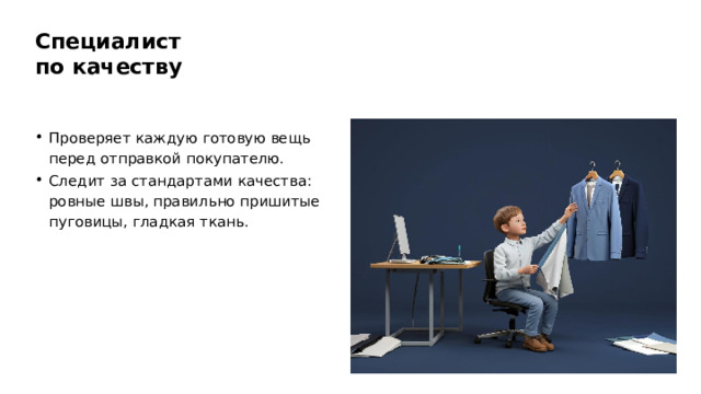 Специалист по качеству Проверяет каждую готовую вещь перед отправкой покупателю. Следит за стандартами качества: ровные швы, правильно пришитые пуговицы, гладкая ткань.  