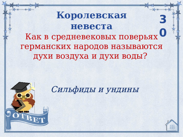 Королевская невеста 30 Как в средневековых поверьях германских народов называются духи воздуха и духи воды? Сильфиды и ундины 
