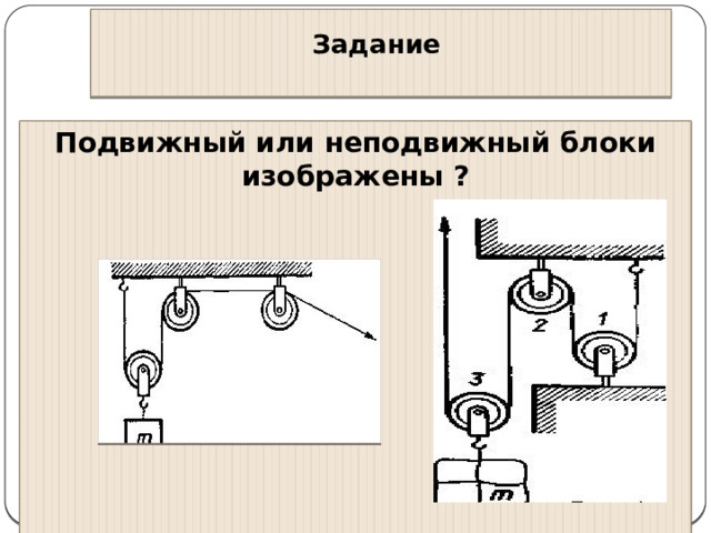  Задание   Подвижный или неподвижный блоки изображены ? 