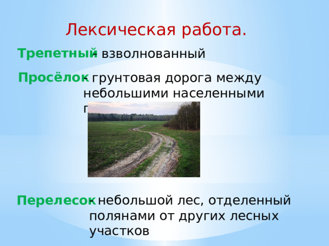 Лексическая работа. Трепетный - взволнованный Просёлок - грунтовая дорога между небольшими населенными пунктами. Перелесок - небольшой лес, отделенный полянами от других лесных участков 